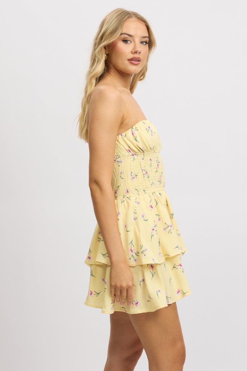Yellow Floral Strapless Playsuit Ruffled