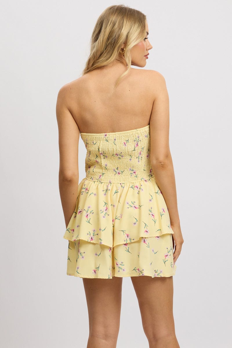 Yellow Floral Strapless Playsuit Ruffled