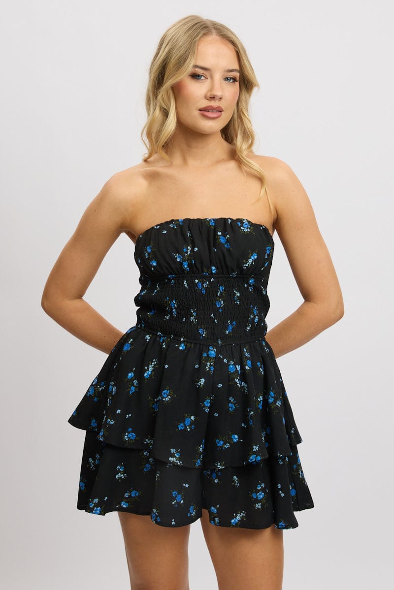 Black Floral Strapless Playsuit Ruffled Hem