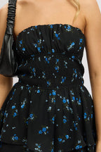 Black Floral Strapless Playsuit Ruffled Hem