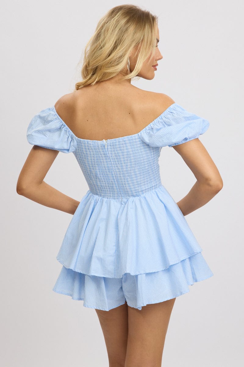 Blue Check Ruffle Playsuit Short Sleeve