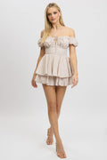 Beige Check Ruffle Playsuit Short Sleeve
