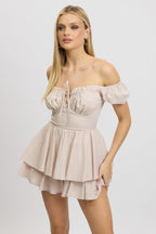 Beige Check Ruffle Playsuit Short Sleeve