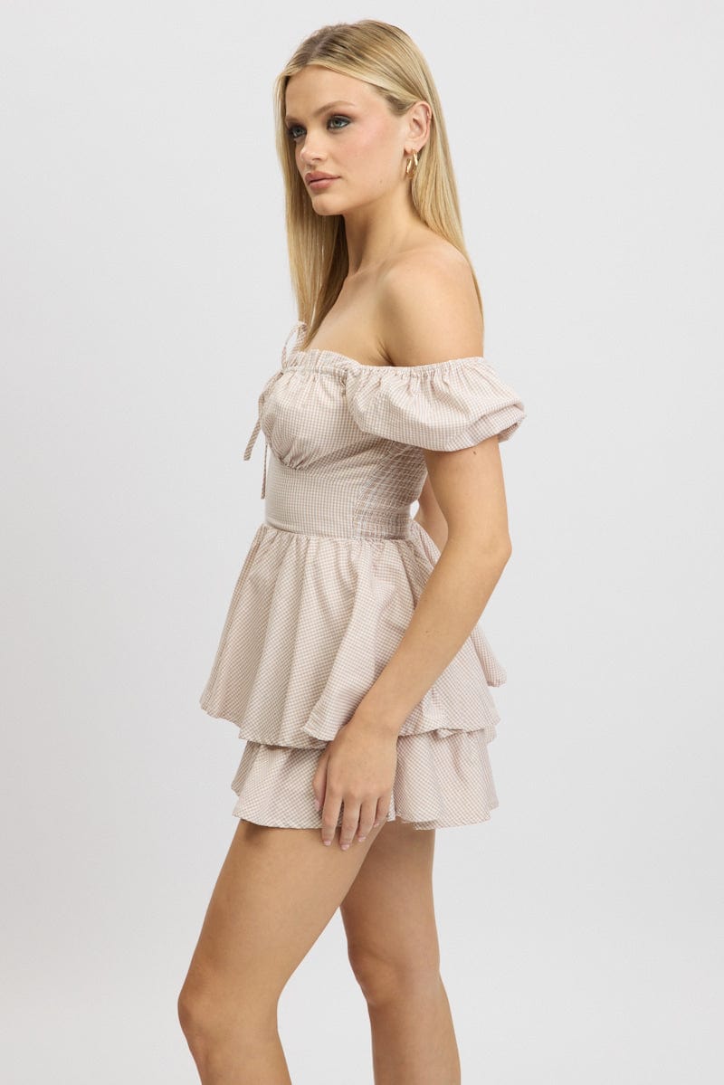 Beige Check Ruffle Playsuit Short Sleeve