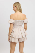 Beige Check Ruffle Playsuit Short Sleeve
