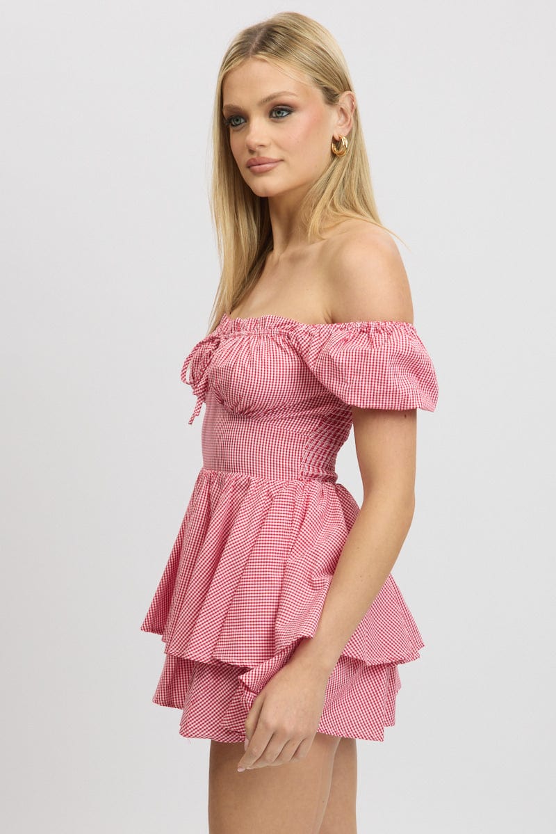 Red Check Ruffle Playsuit Short Sleeve