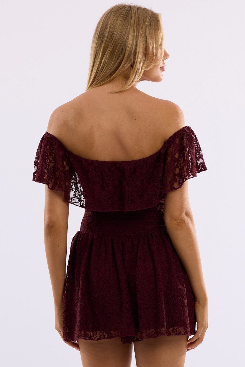 Red Off Shoulder Playsuit Lace