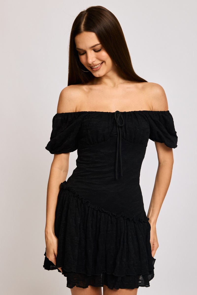 Black Playsuit Puff Sleeve Lace Fabric