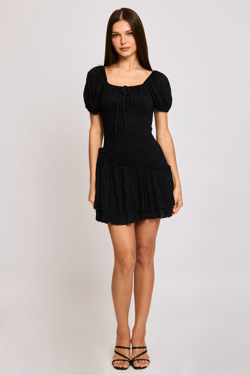Black Playsuit Puff Sleeve Lace Fabric