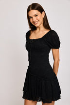 Black Playsuit Puff Sleeve Lace Fabric