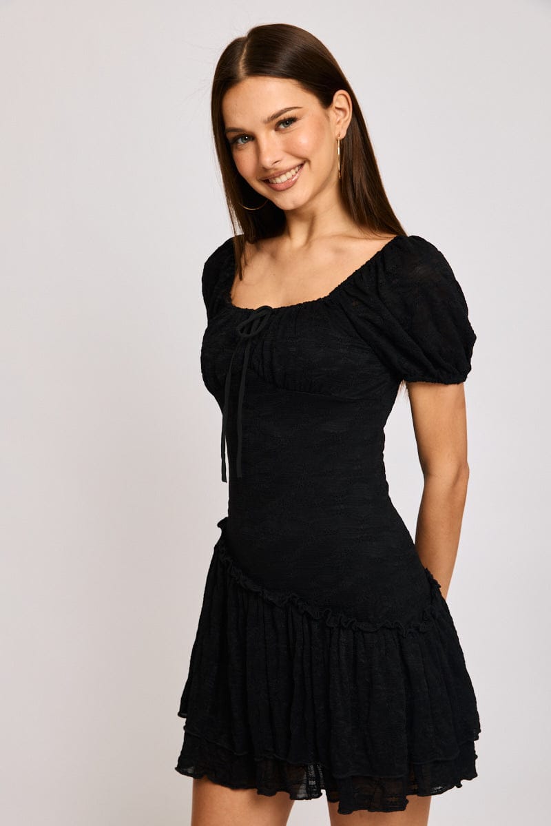Black Playsuit Puff Sleeve Lace Fabric