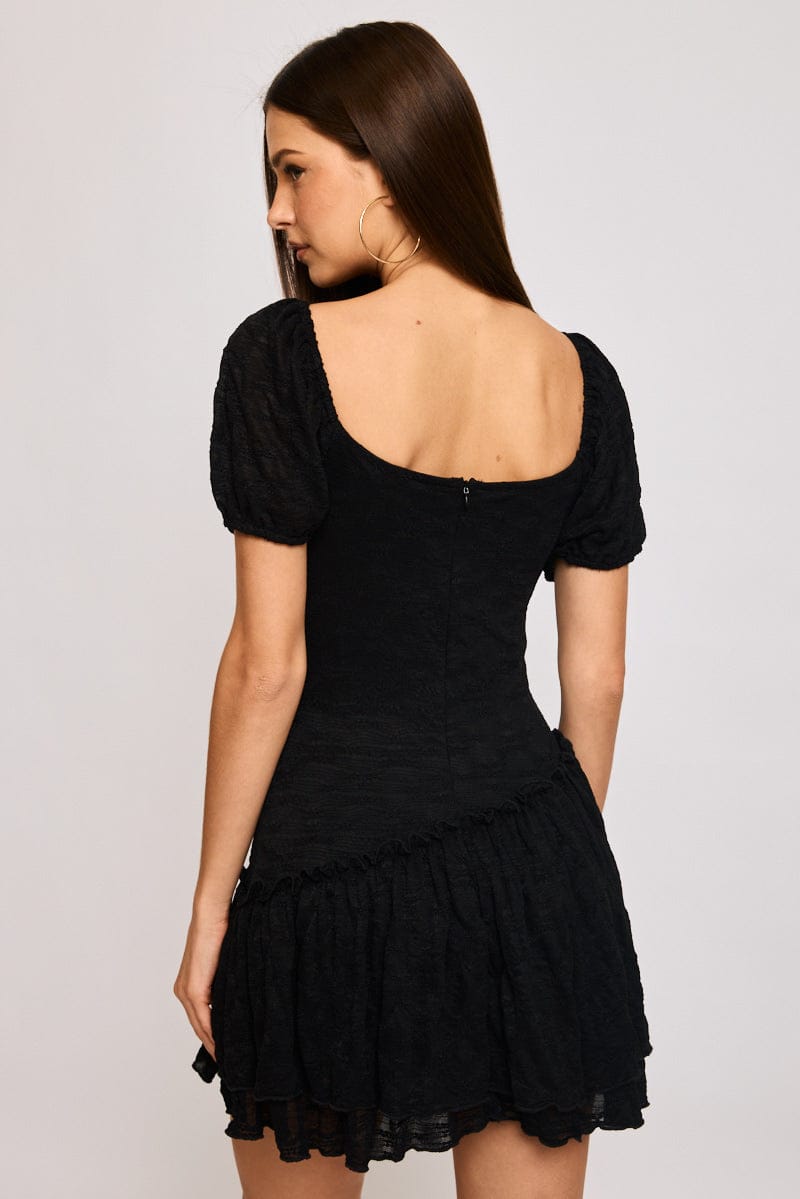 Black Playsuit Puff Sleeve Lace Fabric