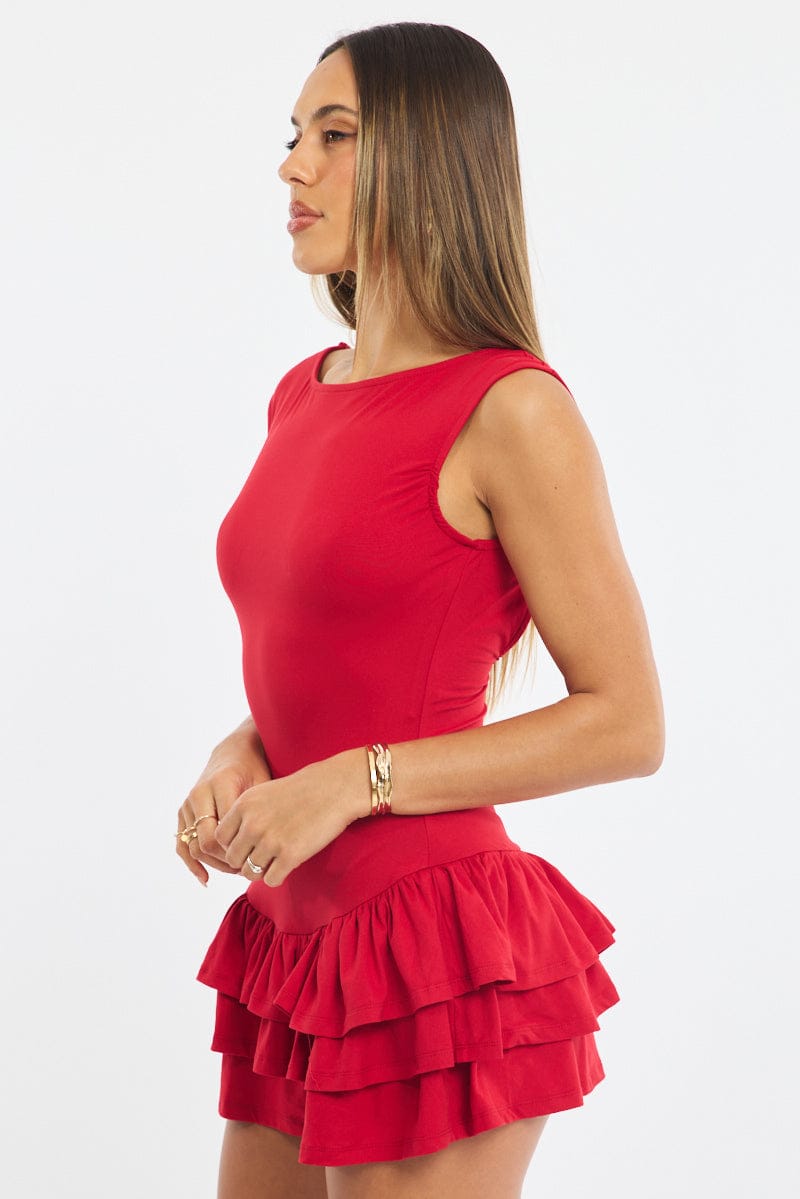 Red Playsuit Frilled Hem