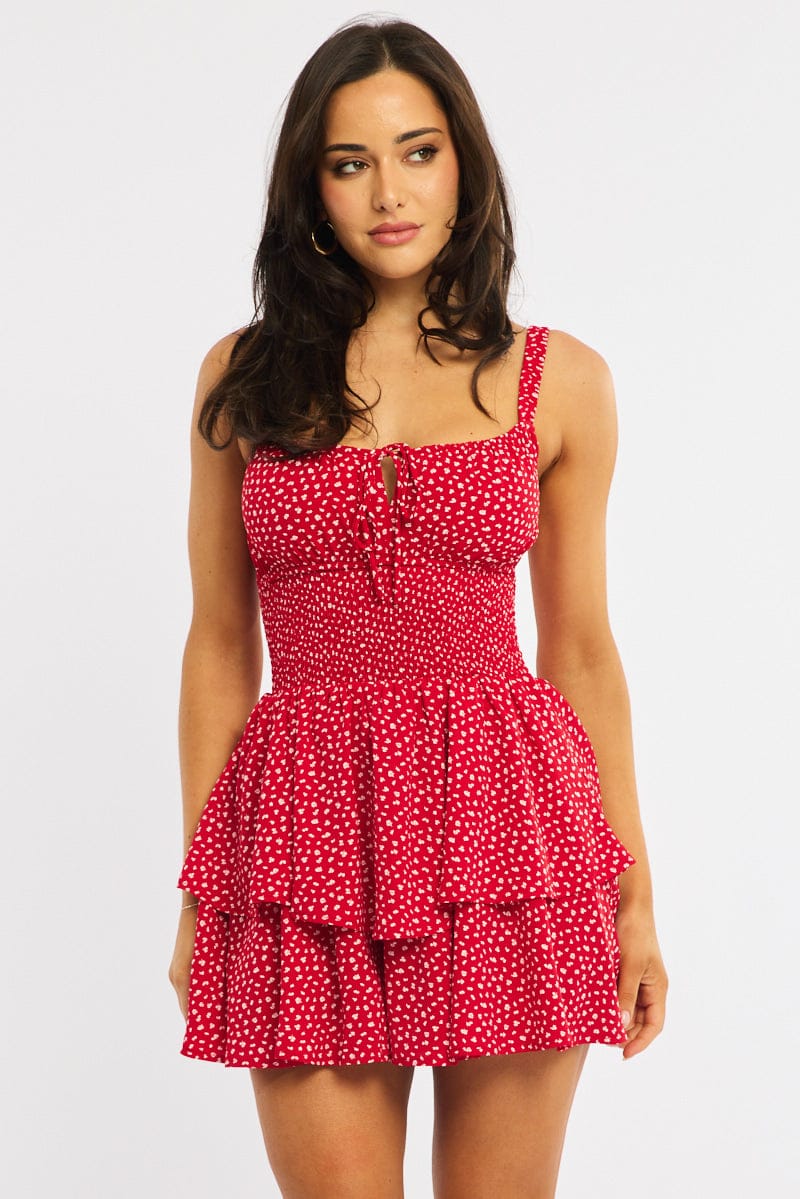 Red Ditsy Ruffled Playsuit