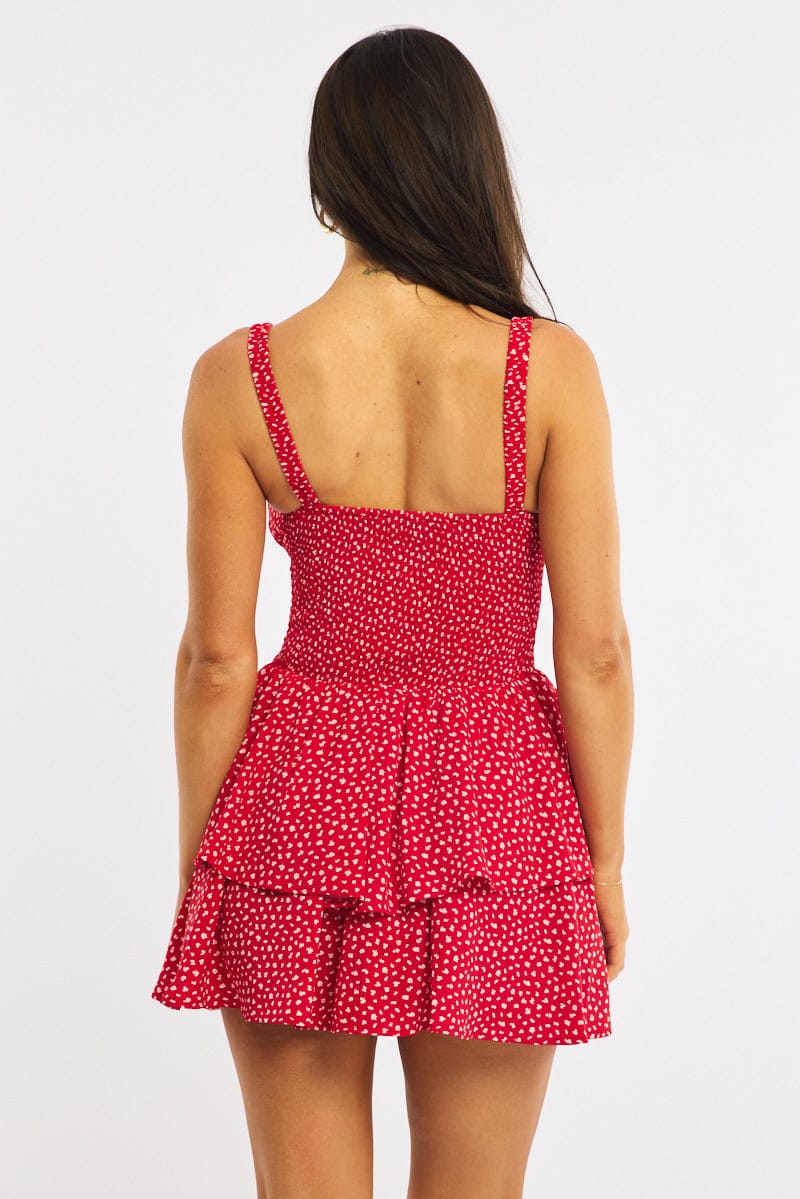 Red Ditsy Ruffled Playsuit