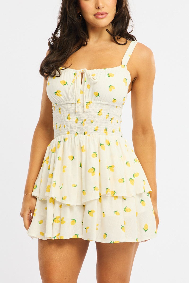 Yellow Ditsy Ruffle Playsuit Strappy