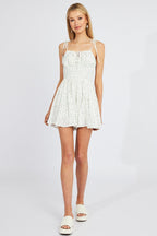 White Ditsy Fit And Flare Playsuit Gathered Bust Sleeveless