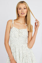White Ditsy Fit And Flare Playsuit Gathered Bust Sleeveless