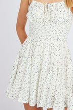 White Ditsy Fit And Flare Playsuit Gathered Bust Sleeveless