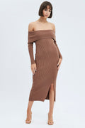 Brown Midi Dress Long Sleeve Off Shoulder Bardot Knit