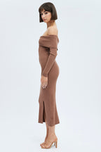 Brown Midi Dress Long Sleeve Off Shoulder Bardot Knit