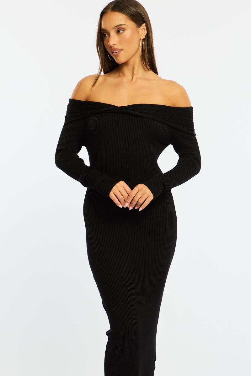 Black Knit Dress Long Sleeve Maxi