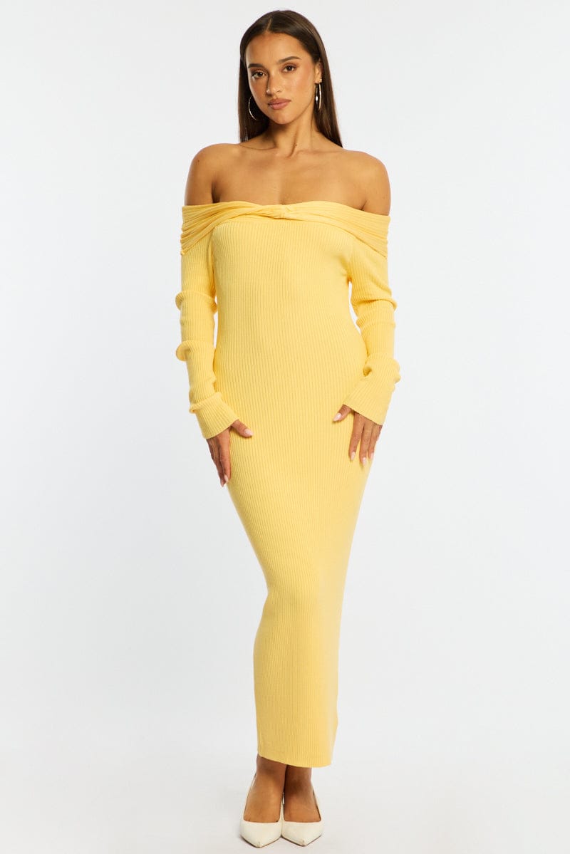 Yellow Knit Dress Long Sleeve Maxi