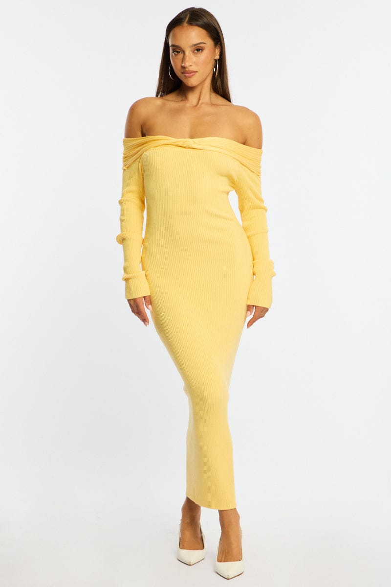 Yellow Knit Dress Long Sleeve Maxi
