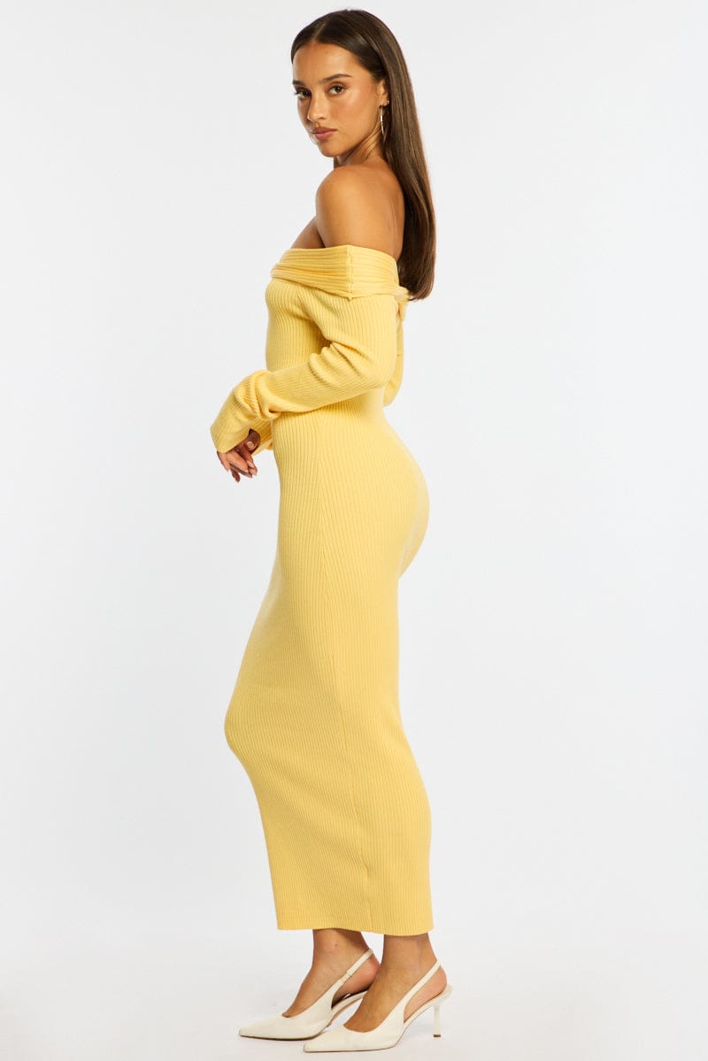 Yellow Knit Dress Long Sleeve Maxi