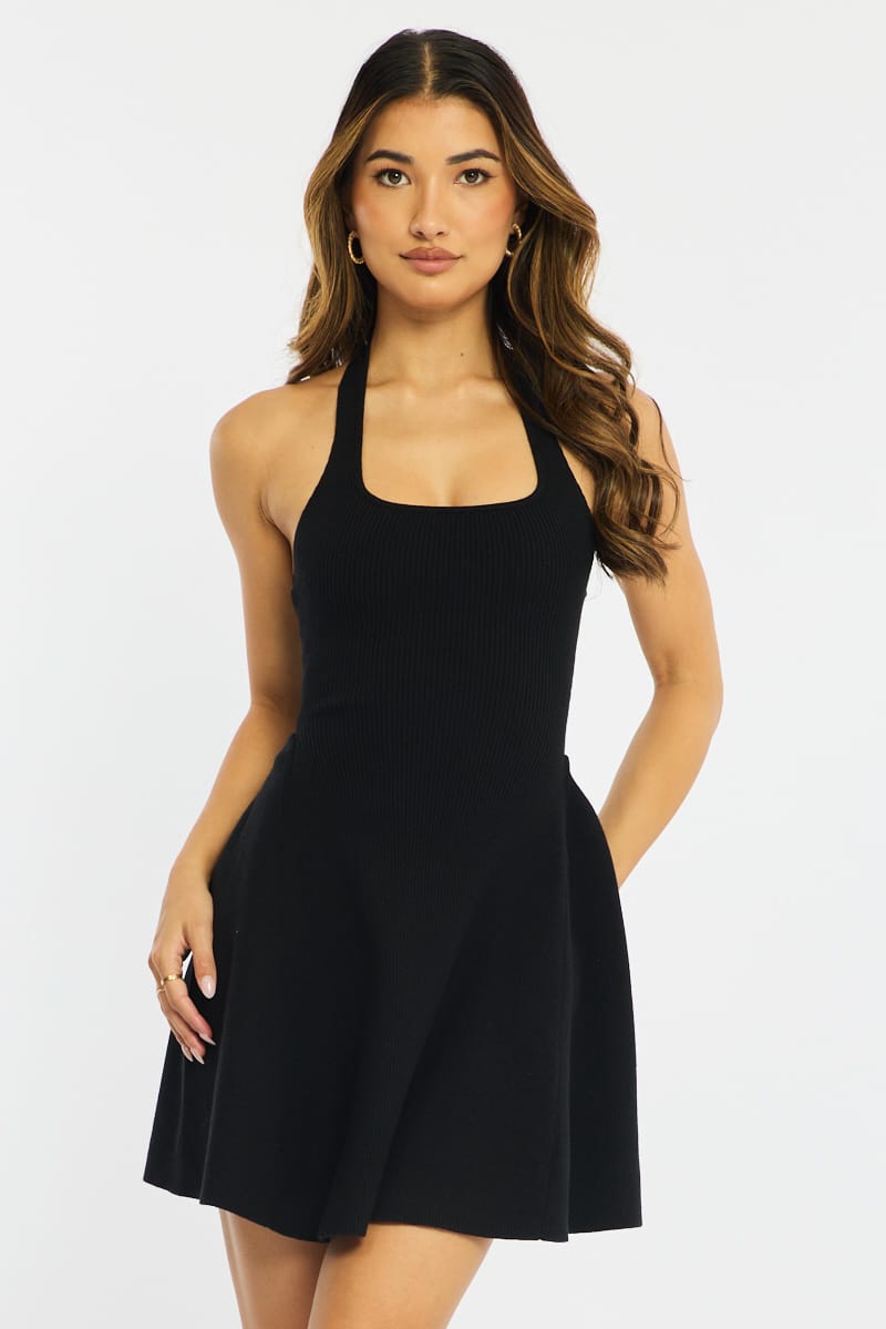 Black Halter Neck Knit Dress