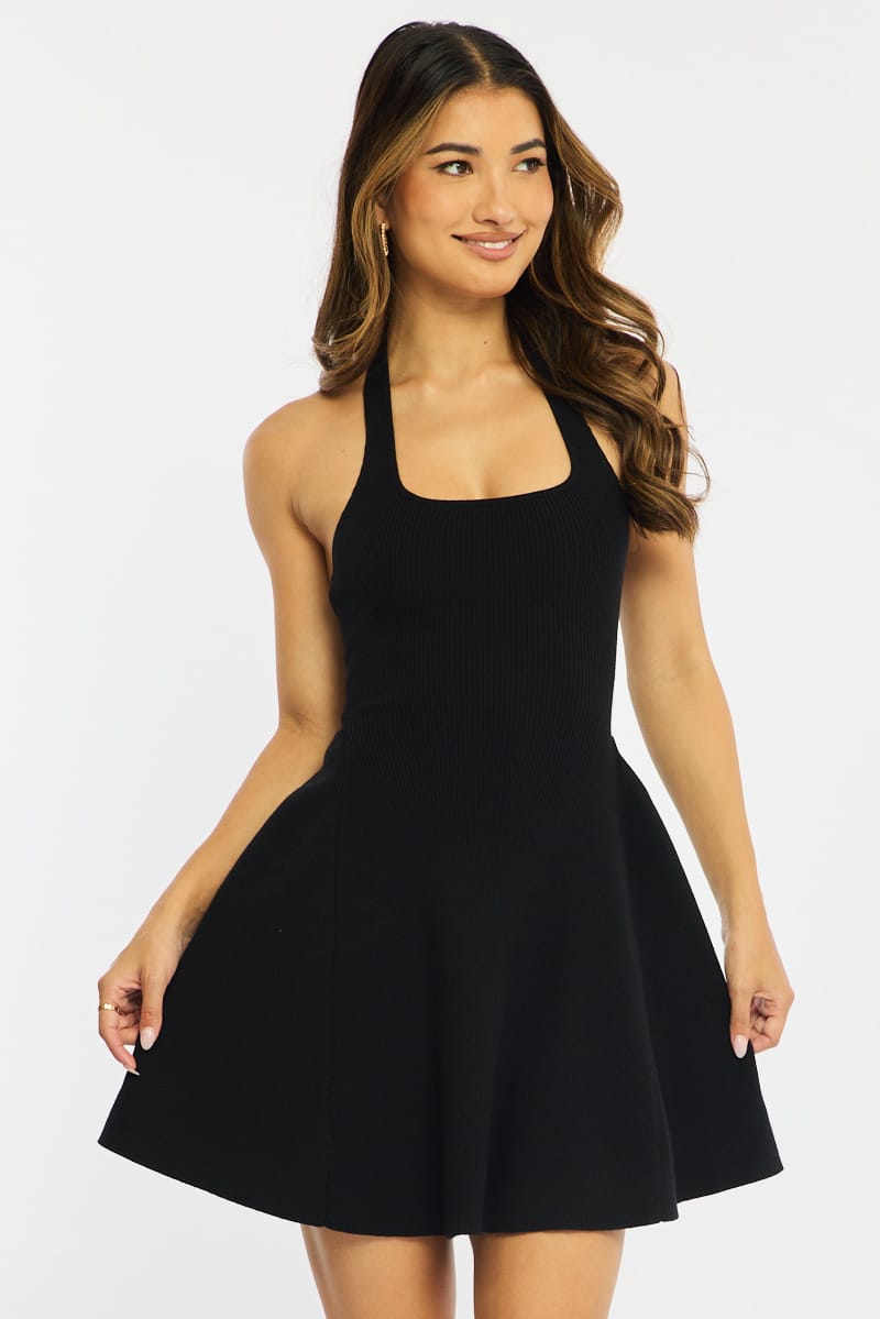 Black Halter Neck Knit Dress