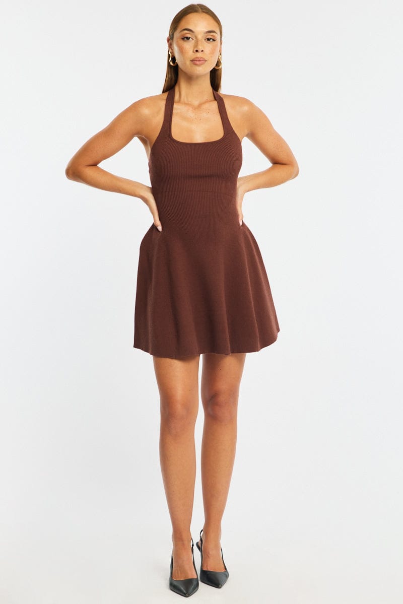 Brown Halter Neck Knit Dress
