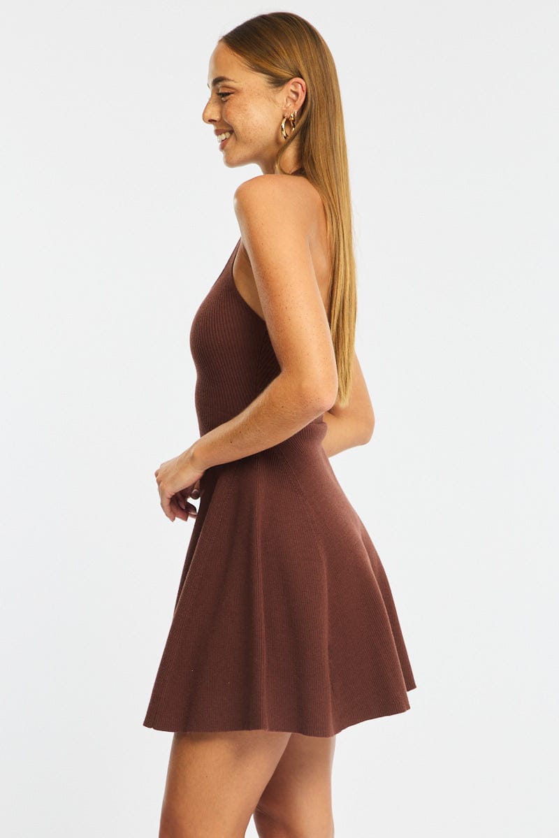 Brown Halter Neck Knit Dress
