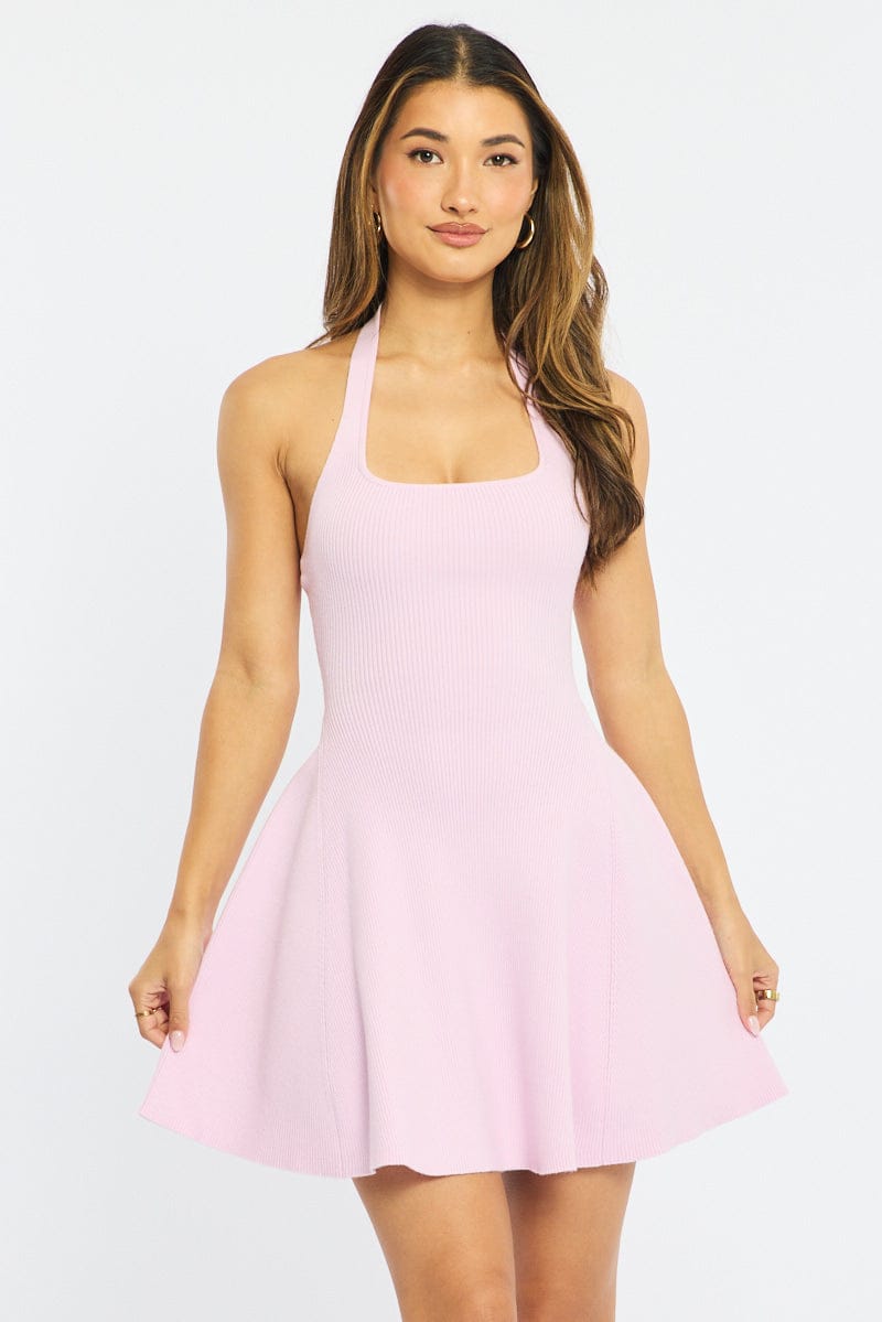 Pink Halter Neck Knit Dress