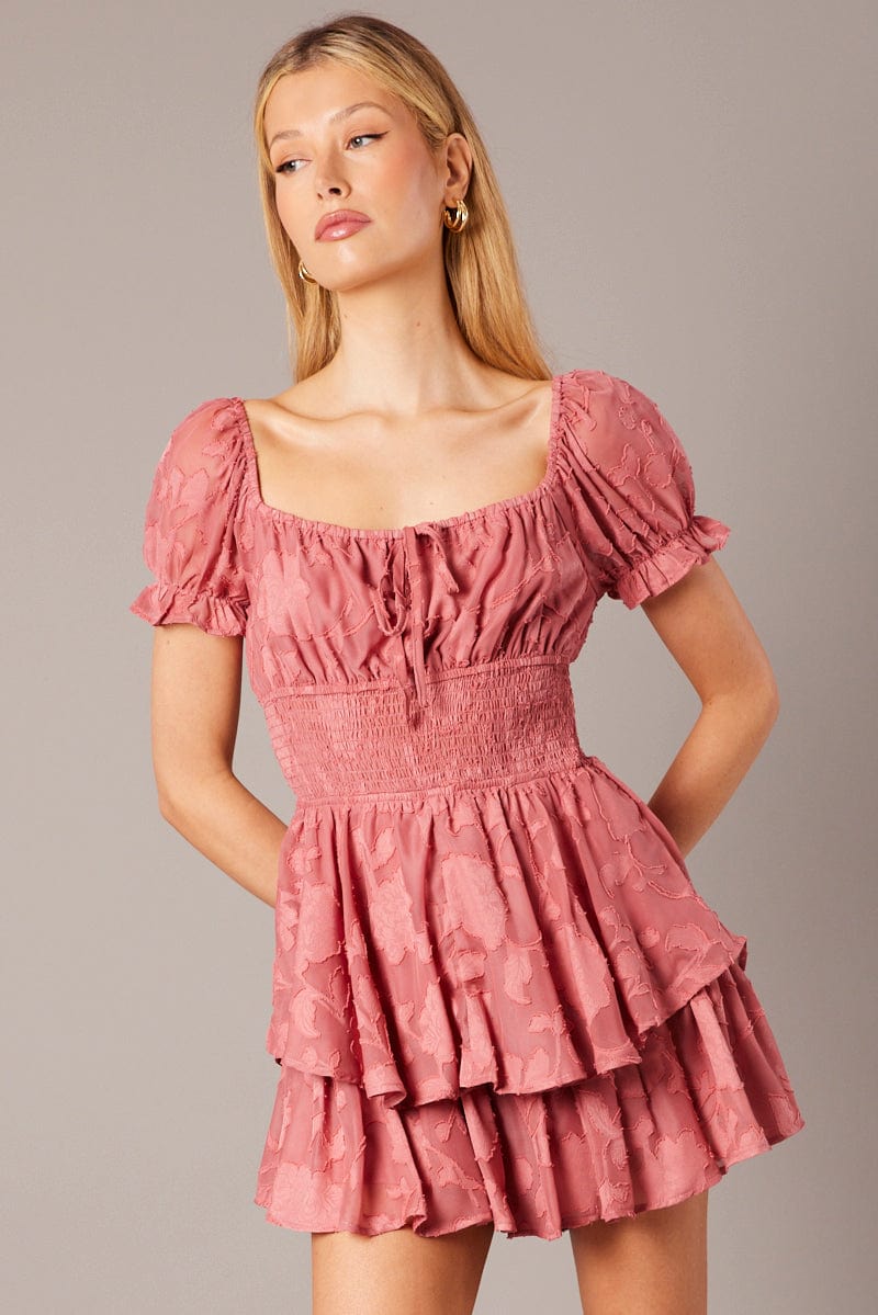 Pink Ruffle Playsuit Short Sleeve Ruched Bust