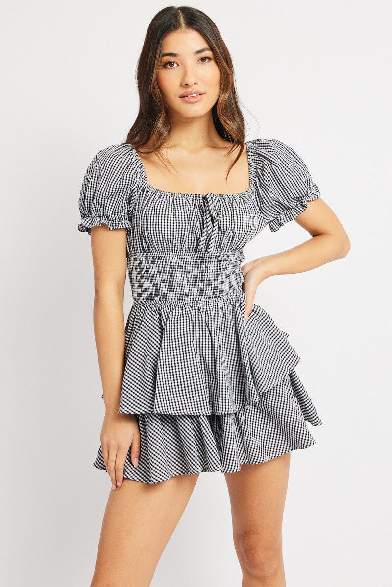 Black Check Ruffle Playsuit Short Sleeve Ruched Bust