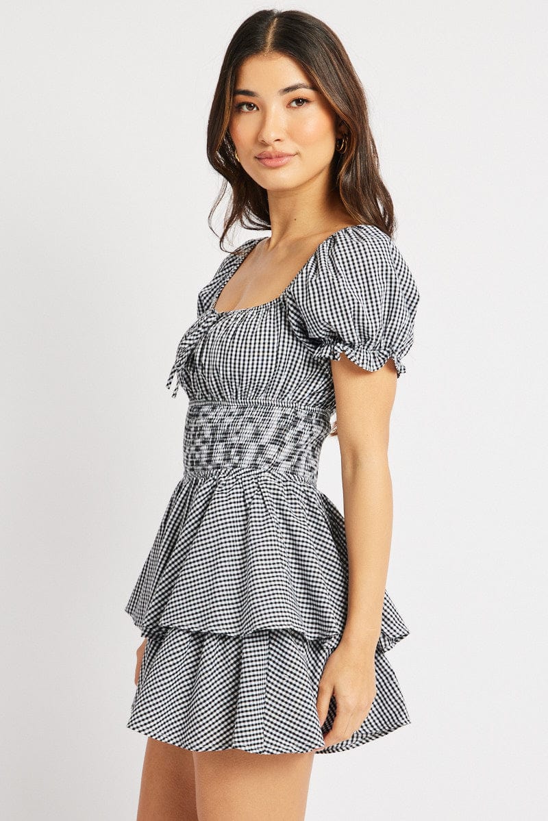 Black Check Ruffle Playsuit Short Sleeve Ruched Bust