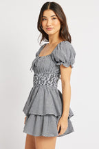 Black Check Ruffle Playsuit Short Sleeve Ruched Bust