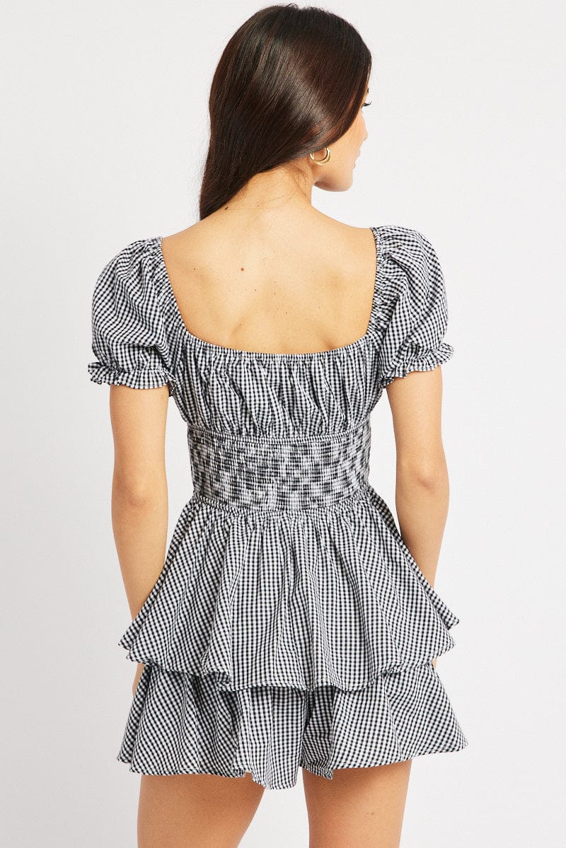 Black Check Ruffle Playsuit Short Sleeve Ruched Bust