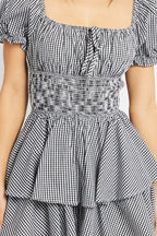 Black Check Ruffle Playsuit Short Sleeve Ruched Bust