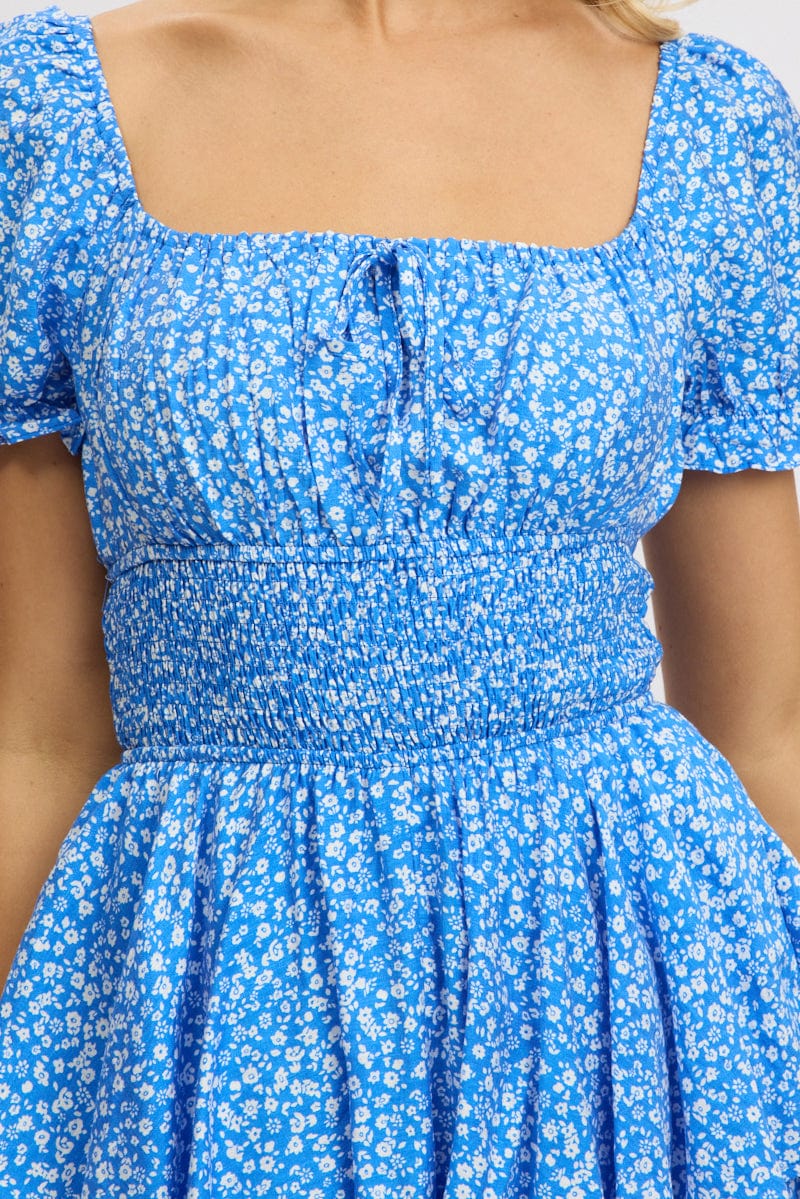 Blue Ditsy Ruffle Playsuit Short Sleeve Ruched Bust