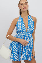 Blue Abstract Playsuit Halter Neck