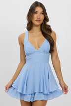 Blue Ruffle Playsuit V-Neck