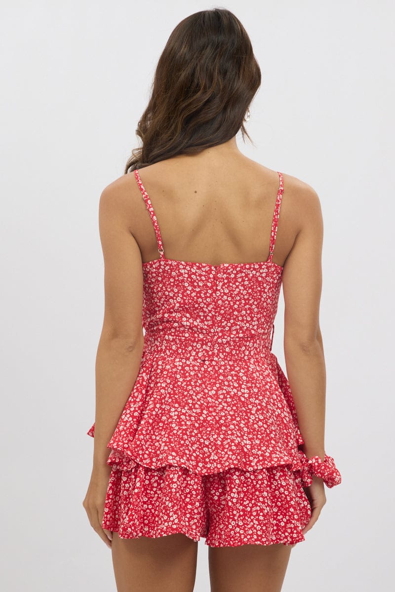 Red Ditsy Fit And Flare Playsuit Square Neck