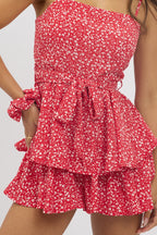 Red Ditsy Fit And Flare Playsuit Square Neck