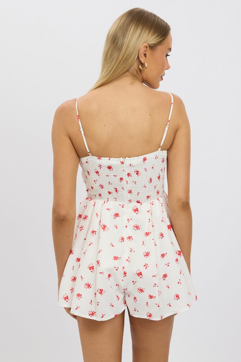 White Floral Playsuit Ruched Bust Strappy