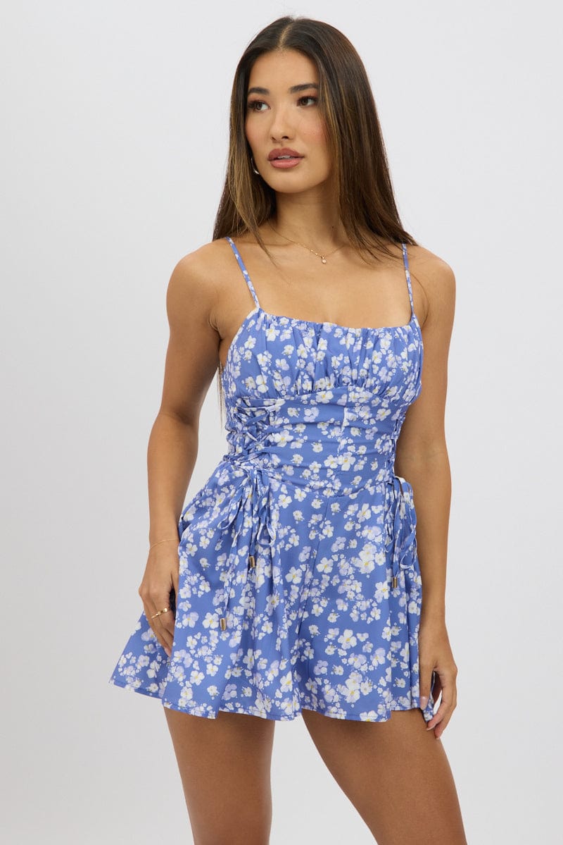Blue Ditsy Playsuit Gathered Bust
