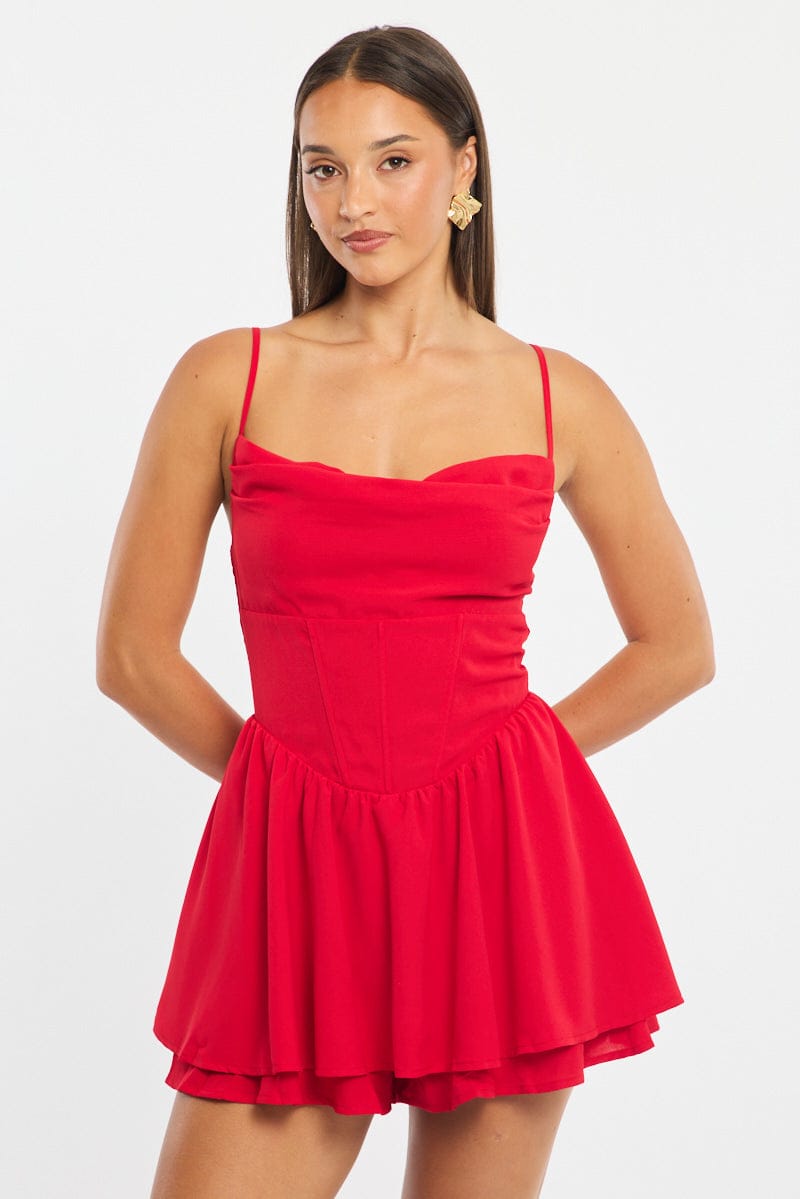 Red Playsuit Cowlneck Strappy