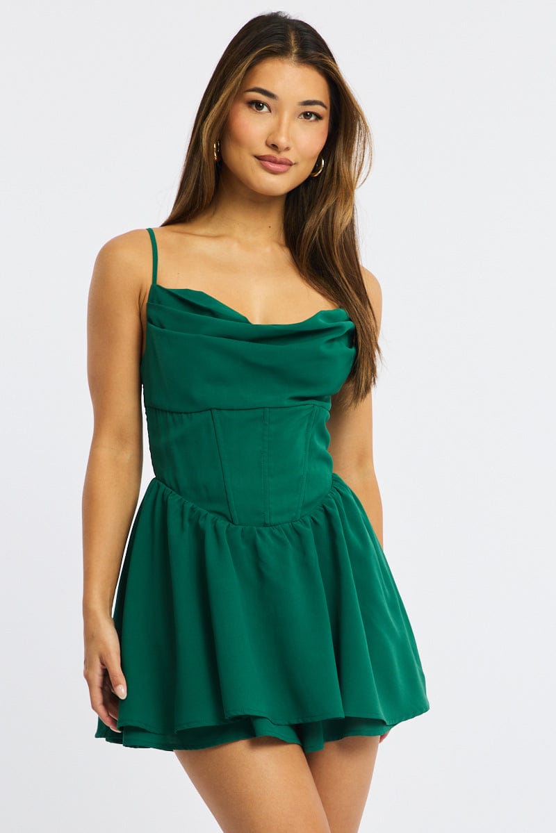 Green Playsuit Cowlneck Strappy