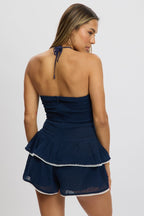Blue Ruffle Playsuit Lace Trim